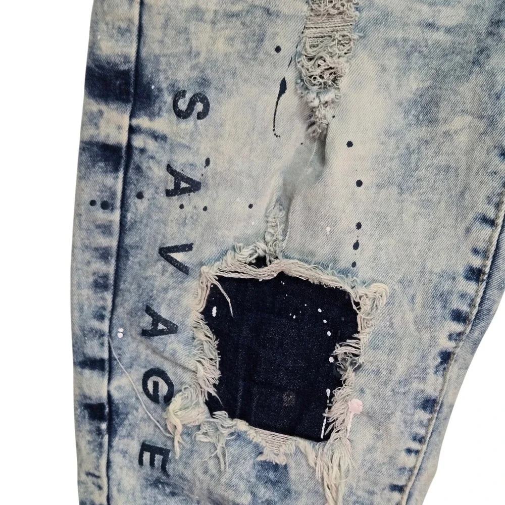 Rock Salt Boys Acid Wash Distressed Savage Graphic Denim Shorts Light Blue SZ 14